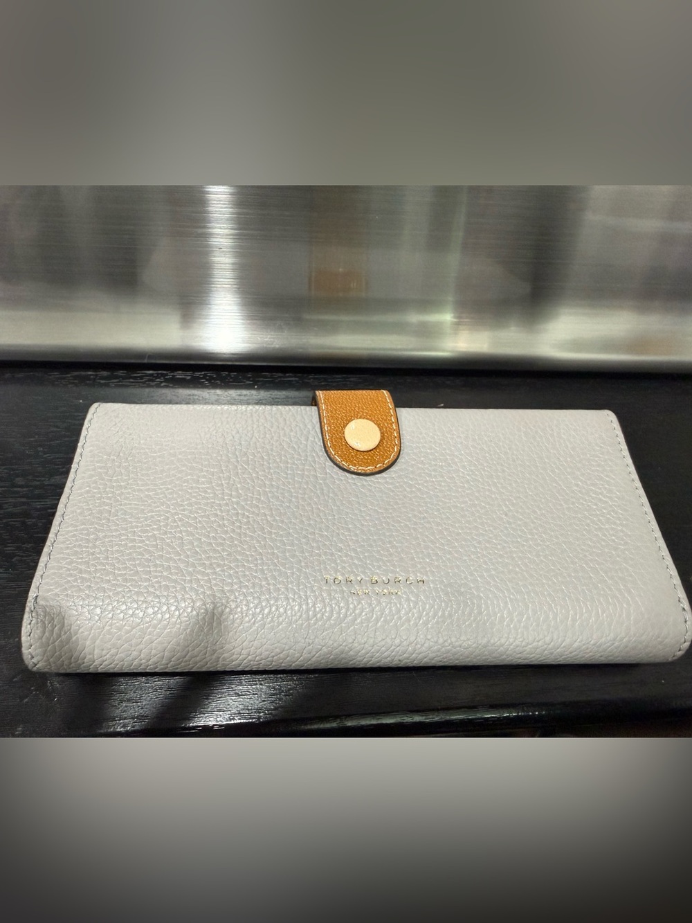 Tory Burch Pebbled Leather Wallet in Light Gray with Tan Snap and Gold Logo